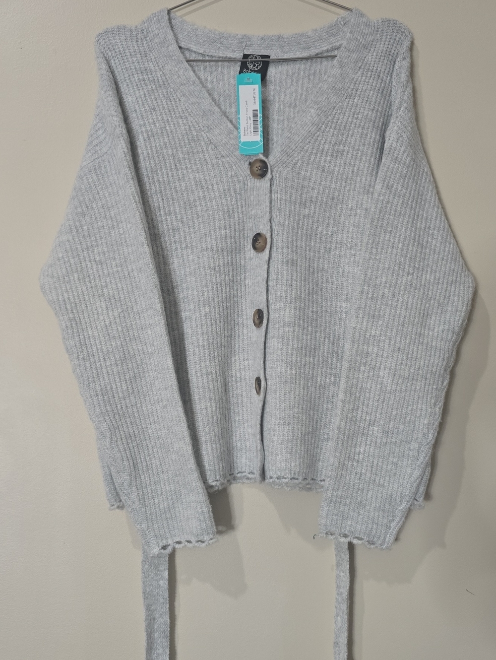 Bobeau Light Gray Ribbed V-Neck Button Cardigan/Waist Tie Med Petite